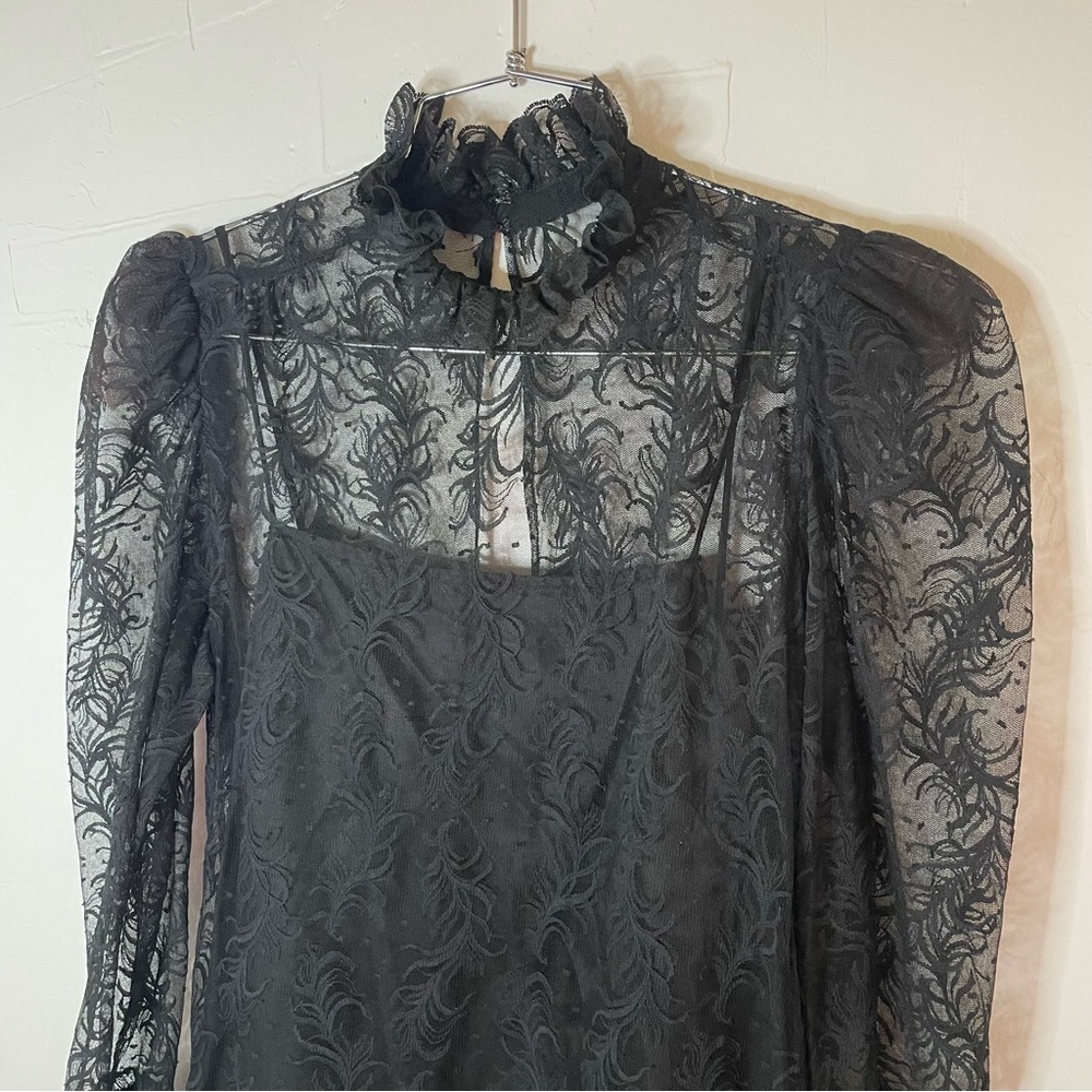 Vintage Black Lace Ruffle High Neck Drop Waist Whimsy Goth Romantic Dress - Picture 5 of 16